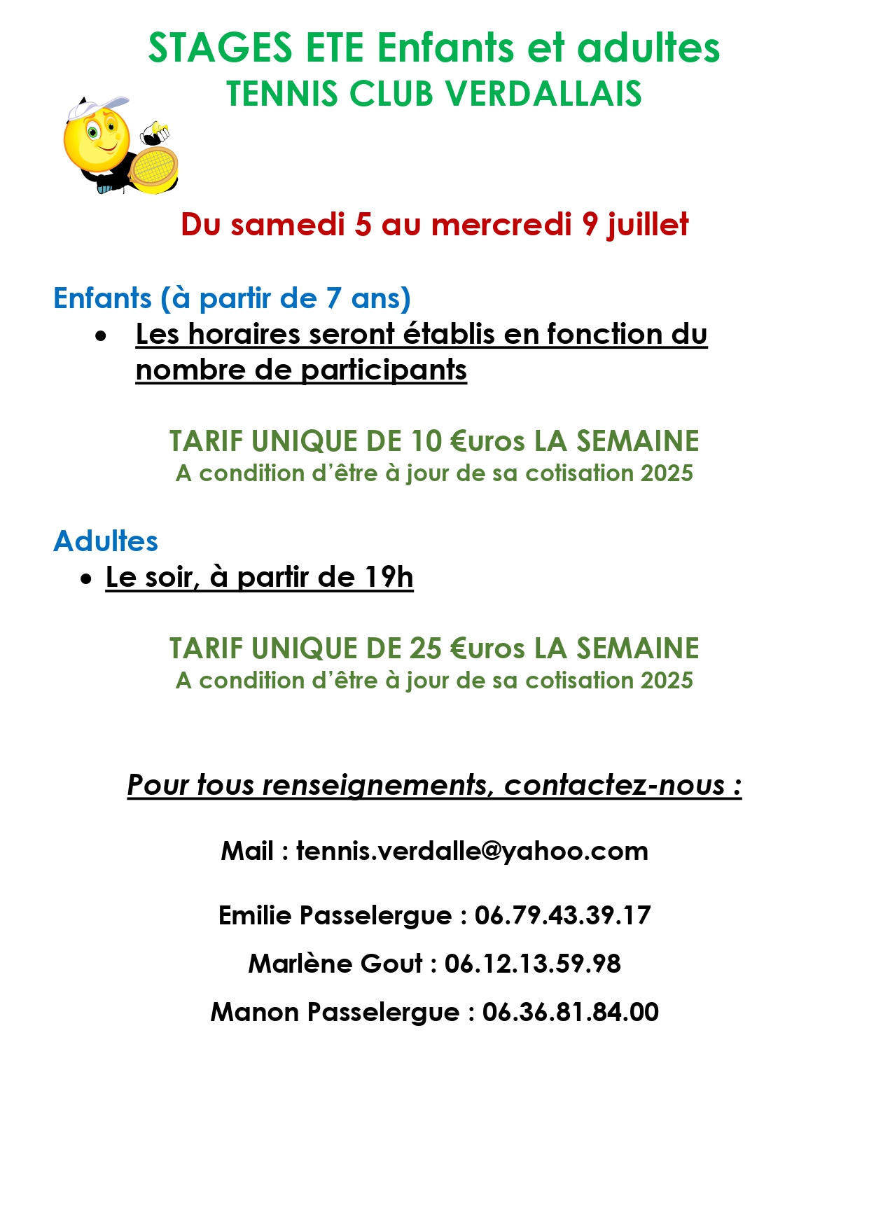affiche stages d'été du Tennis Club Verdallais