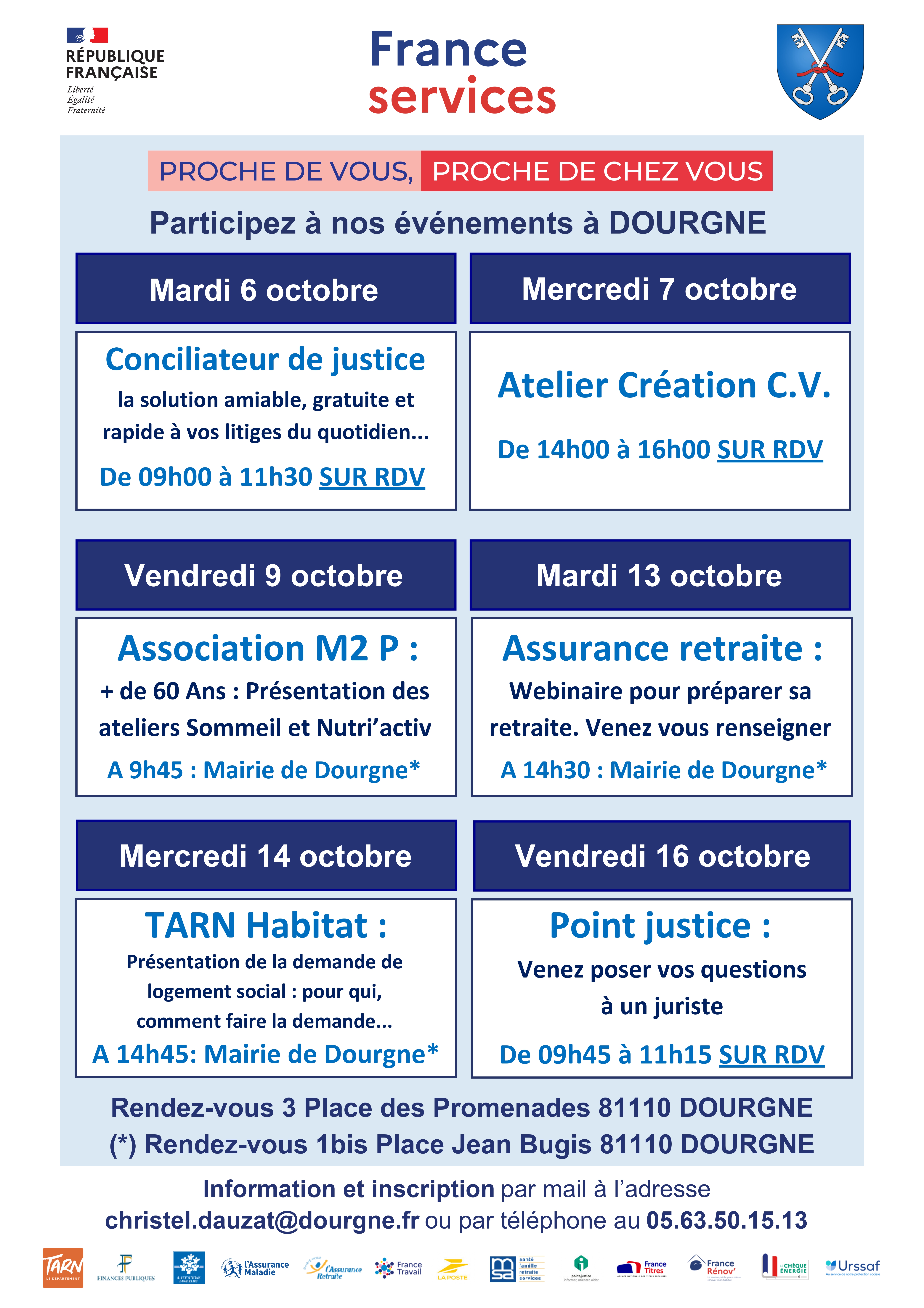 AFFICHE DES DATES DES ATELIERS  de la maison france services de Dourgne